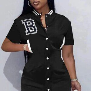 Women’s Casual Dress – Embroidered Letter & Button Front